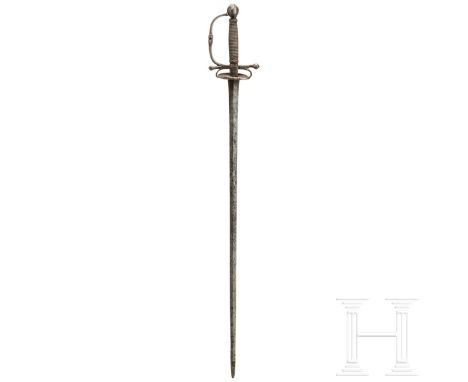 Degen für Offiziere der Infanterie, um 1700  Kräftige, gerade Stichklinge (dunkle Patina, narbig) von rautenförmigem Querschn