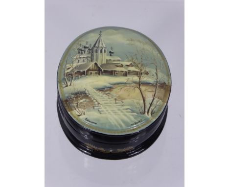 A Hand Painted Russian Trinket Box, the box inlaid with mother of pearl, signed with original certificate.