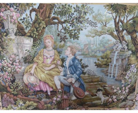 A Flemish Tapestry, depicting a romantic lover's scene, mounted on a wooden rod with fittings, approx 116 x 91 cms.