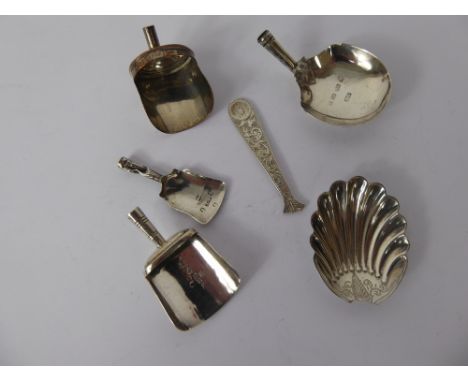 Five Imperfect Silver Silver Tea Caddy Spoons, various hallmarks. (af)