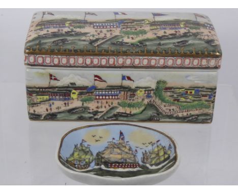 A Chinese Republic Tea Caddy and Cover, hand painted depiction of 'The Hongs of Canton' European warehouses based on the shor