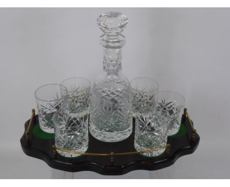 A Irish Cavan Crystal Whisky Decanter and six glasses on an oval tray.