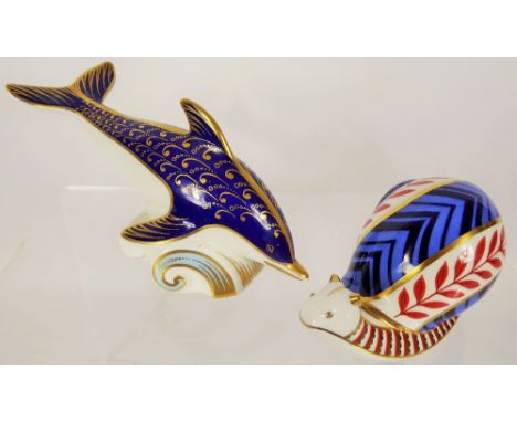 Royal Crown Derby Paperweights, 'Dolphin' approx 9.5 cms by Jefferson and 'Snail' R Jefferson approx 6.5 cms