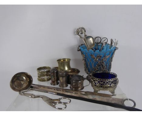 Miscellaneous Silver Plate, including mustard, meat skewers, napkin rings, spoons, grape nips, salt and pepper, blue glass su