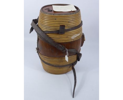 A Vintage Agricultural Workers Oak and Cane Barrel Harness, the cylindrical barrel tapers with a hinged door to either side, 