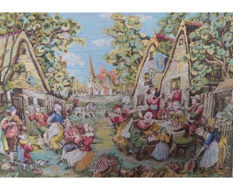 A Flemish Tapestry, depicting a merry village festival scene. The tapestry mounted on a wooden rod with fittings, approx 122 