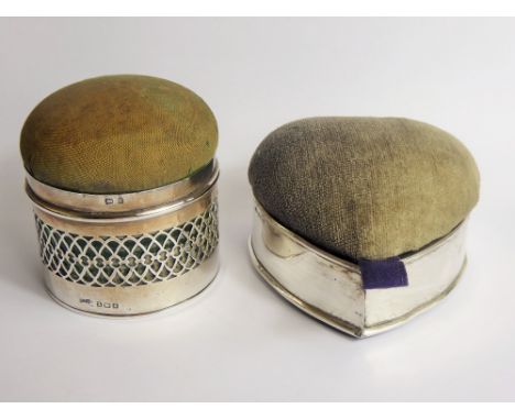 A Sterling Silver Mirrored Pin Cushion, Bristol green glass, Birmingham hallmark, mm C.E.W dated 1906 together with a heart f