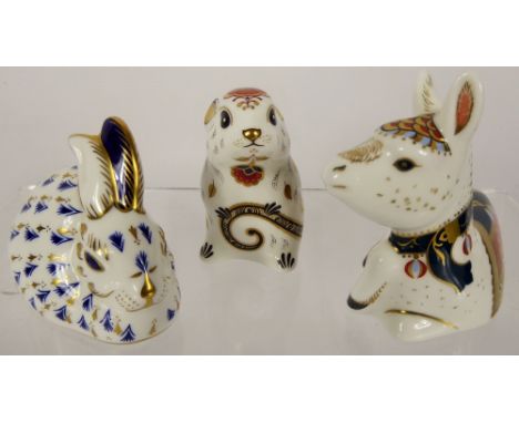 Royal Crown Derby Paperweights, 'Chatsworth Rabbit' R. Jefferson 7.5 cms, 'Mouse' 7.5 cms and 'Donkey Foal' all with gold sto