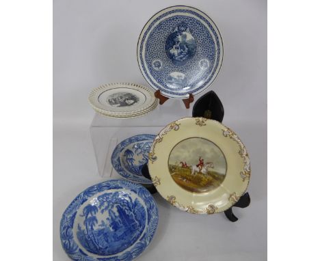 A Miscellaneous Collection of Antique Cabinet Plates, including two hand painted Copeland depicting hunting scenes, two blue/