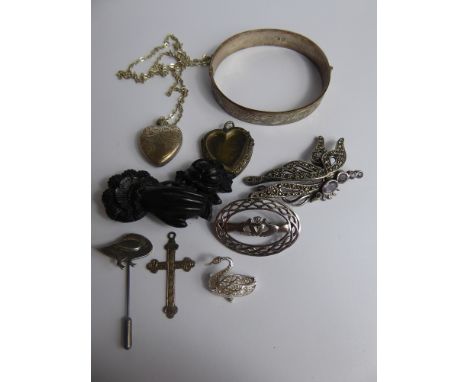 Miscellaneous Silver Jewellery, including silver bangle Birmingham hallmark, two silver lockets, goose stick pin, cross penda