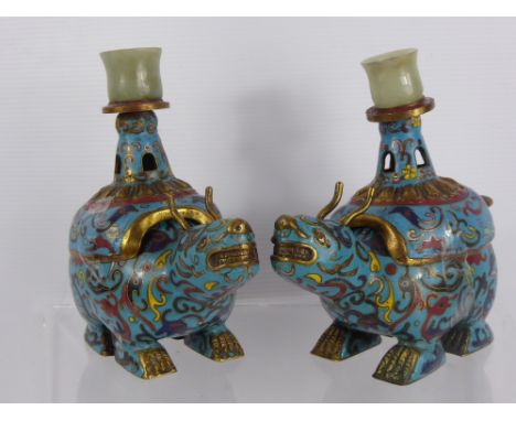 A Pair of Chinese Cloisonné and Jade Censer Burner & Candle Holders, in the form of mythical creatures, approx 17 x 16 cms