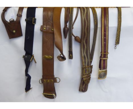 Miscellaneous Military Articles, including Sam Brown leather belt, busby chin strap, sword frog x 2, epaulette toggles, canva