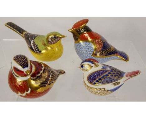 Royal Crown Derby Bird Paperweights, 'Waxwing' by Jefferson 8.5 cms, 'Goldcrest' 5.5 cms, 'Yellow Wagtail' and 'Chaffinch' R.