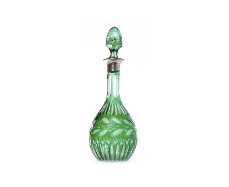 SILVER COLLARED CUT GLASS DECANTER
with long neck and bulbous body, mounted by F. & Son Ltd., London, date marks rubbed, the 