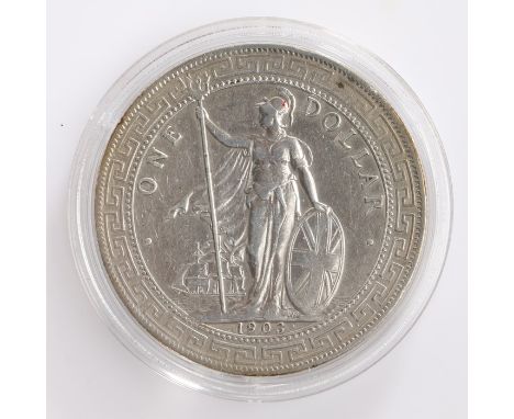 British/Hong Kong Trade Dollar, 1903, Standing figure of Britannia holding trident and shield with merchant ship in backgroun