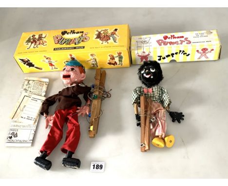 2 boxed Pelham puppets - Boy and Jumpettes Golly
&nbsp;
Notice from the&nbsp;the-saleroom.com:&nbsp;These items are listed on