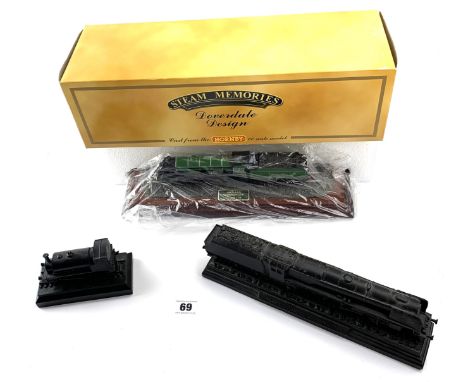 3 train models - boxed Hornby Steam Memories Doverdale Design LNER Apple Green Livery, resin Duchess of Hamilton model and a 