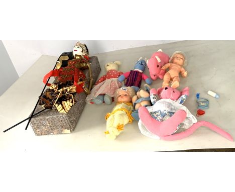 2 dolls inc. Palitoy, 5 soft rabbits and boxed Indonesian puppet