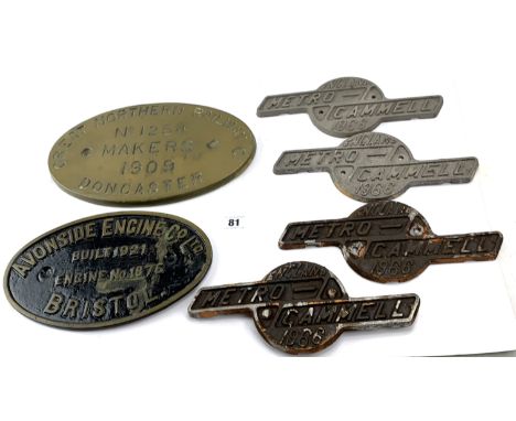 6 metal and resin railway signs - Great Northern Railway No. 1254 Makers 1909 Doncaster 12" x 7", Avonside Engine Co. Ltd Bui