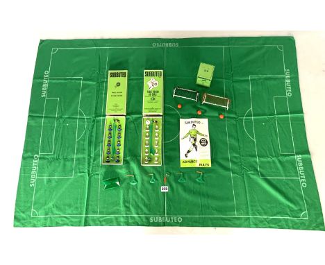 Subbuteo table soccer playing pitch, boxed set NN goalposts, 2 boxed teams (blue and white), corner flags and instructions