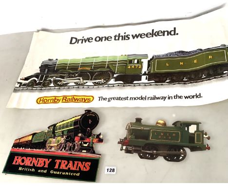 Hornby train poster, cardboard Hornby Trains sign and LNER engine postcard