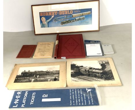 Assorted railway memorabilia - 2 original photos of trains, LNER platform tickets reproduction sign, Hornby Dublo Ltd Ed prin