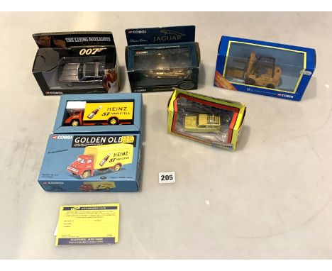 5 boxed vehicles - Corgi James Bond 007 The Living Daylights Aston Martin Volante, Corgi Ltd Ed Gold Plated Jaguar MKII, Corg