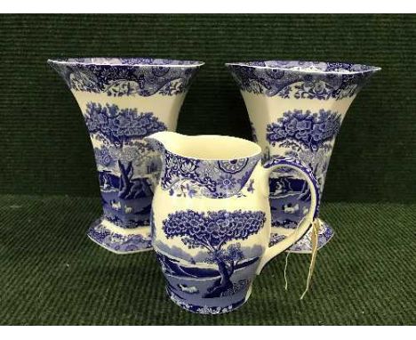 A pair of boxed Spode Blue Italian hexagonal vases and a Spode Blue Italian Liverpool jug 