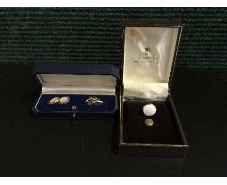 A pair of 18ct gold, enamel and mother of pearl cufflinks, together with a collar stud