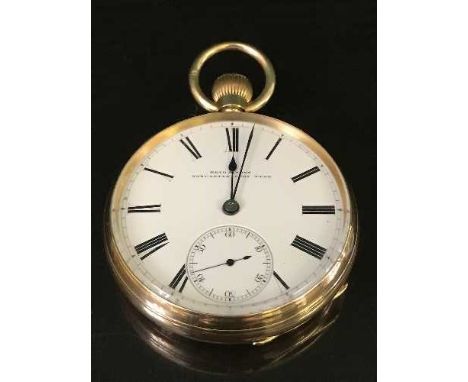 A good 18ct gold open face pocket watch, the white enamel dial signed Reid & Sons, Newcastle Upon Tyne, inner case back and m