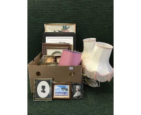 A box of framed pictures, prints, needleworks, engraving, brass table lamp with shade and three other lamps and Three boxes o