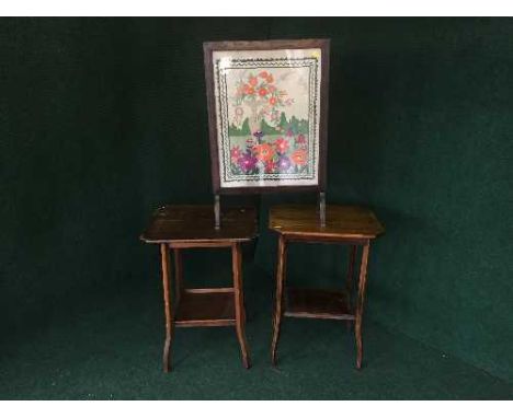 An oak tapestry fire screen and two occasional tables 