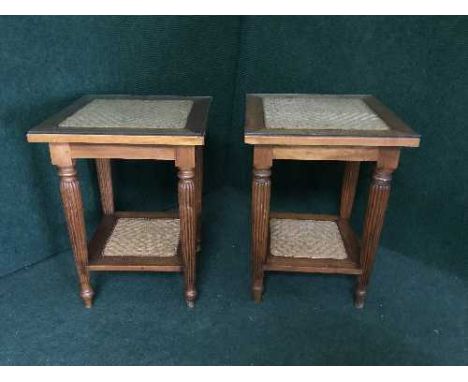 A pair of contemporary pine and wicker glass topped lamp tables
