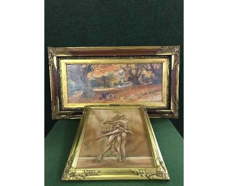 A painted vanity unit, fire screen, marquetry panel, un-framed oil of dancers and a framed print - Burham Beeches by Birkett 