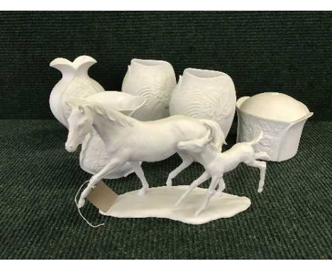 A tray of white Goebel figure of a rearing horse and six pieces of Kaiser ware 