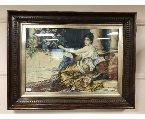 H. Chapman : A maiden playing a lute, watercolour, signed, dated 1909, framed.