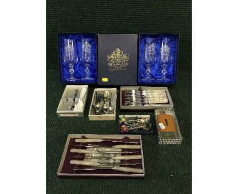 A tray of three boxed pairs of City of Sunderland champagne flutes, hip flask, plated cutlery etc 