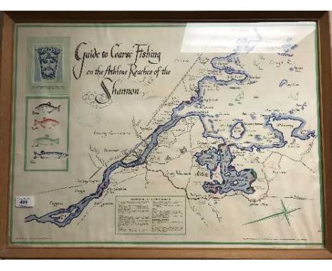 A colour print depicting A Guide to Coarse Fishing on the Athlone Reaches of Shannon, together with two framed montages of fi