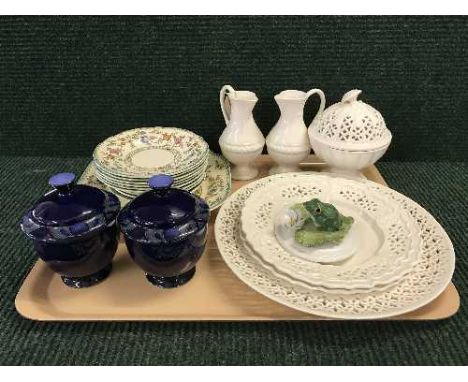 A tray of pair of Denby lidded pots, Royal Creamware china, Spode Royal Jasmine serving plate and side plates 