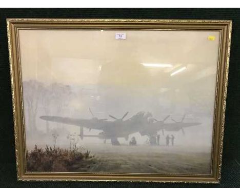 A L.S. Lowry print, A gilt framed aviation print by Coulson together with three framed hand coloured etchings - Warkworth Cas