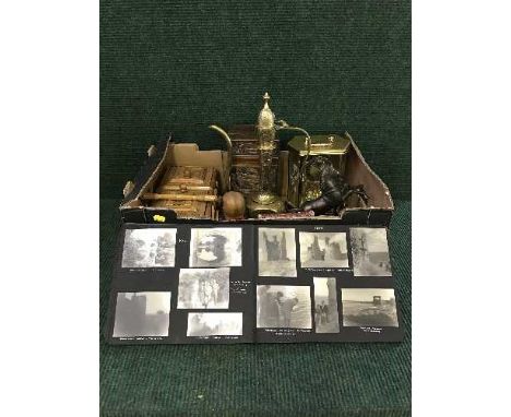 A box of carriage clock, brass teapot, wooden table boxes, sewing box, black and white photograph albums, shoe shine box etc 