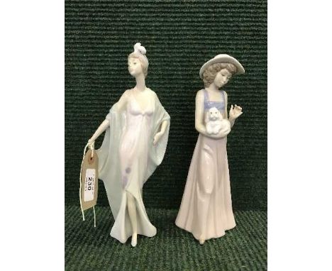 A Lladro figure - Lady in 1920's dress numbered 5787 together with a Nao figure of a lady with puppy