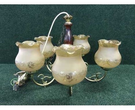 A five-way wooden and brass light fitting together with three way light fitting