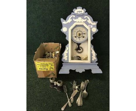 A painted American mantel clock, brass oil lamp and a box of cutlery and pair of opera glasses 