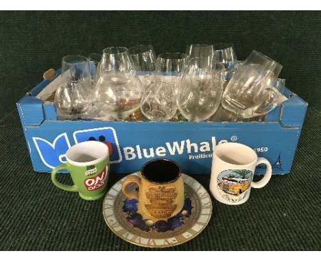 Three boxes of glass, wooden pieces, mugs, Royal Worcester Millenium plate etc.