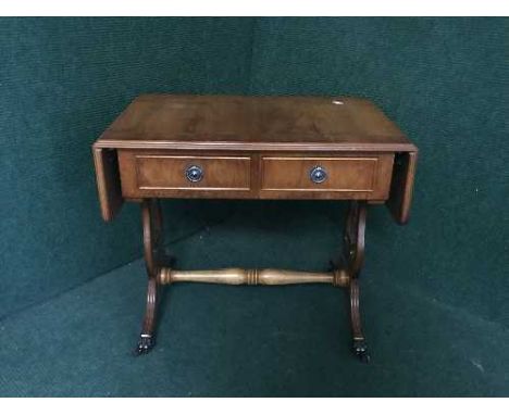 A small inlaid yewwood sofa table fitted with two drawers