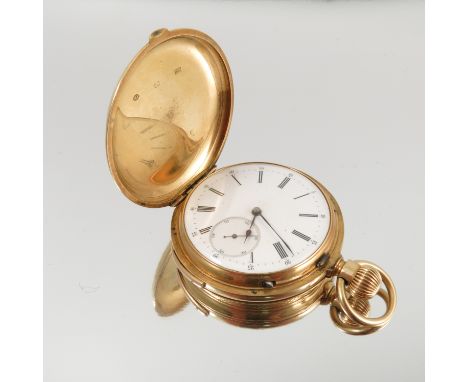 Of legal interest - A minute repeater hunter pocket watch, stamped '18k', by Audemar, the circular white enamel dial with bla