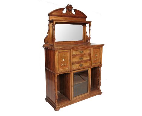 A 19th century walnut side cabinet, having rectangular mirror with shelf over supported by columns, the base fitted with thre