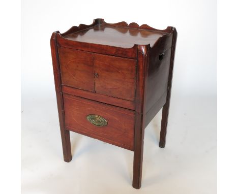 A 19th century mahogany tray top commode, having two cupboards below a slide out drawer, width 19ins   Condition report:  Sol