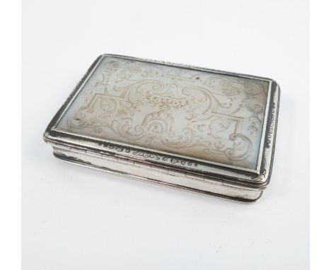 A late 18th / early 19th century silver box, of rectangular form, the lid inset with an engraved mother of pearl panel decora
